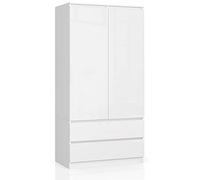 AKORD Armoire 2 Portes | Armoir Chambre 2 Tiroirs avec Etagères et Une Tringle | L90 x H180 x P51 cm | Panneau Stratifié 16mm | Armoire sans Penderie Chambre | Dressing Rangement Placard