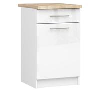 AKORD | Armoire de Cuisine avec Plan de Travail - Oliwia S50 | Meuble Bas avec Porte, Tiroir et 2 Étagères | Armoire de Cuisine Basse de 50 cm de Large | 46x50x85 cm | Blanc | Blanc Brillant
