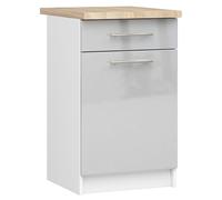 AKORD | Armoire de Cuisine avec Plan de Travail - Oliwia S50 | Meuble Bas avec Porte, Tiroir et 2 Étagères | Armoire de Cuisine Basse de 50 cm de Large | 46x50x85 cm | Blanc | Brillant métallique
