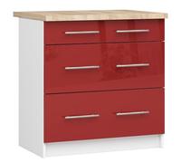 AKORD | Armoire de Cuisine avec Plan de Travail - Oliwia S80 | Meuble Bas avec 3 Tiroirs | Armoire de Cuisine Basse de 80 cm de Large | 46x80x85 cm | Blanc | Rouge Brillant