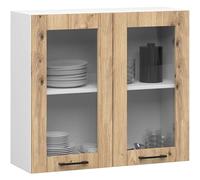 AKORD | Armoire de Cuisine Suspendue - Vitrine de Cuisine 80cm, H720 | Meuble avec 2 Portes et 2 Étagères | Armoire de Rangement | Blanc & Chêne Artisan