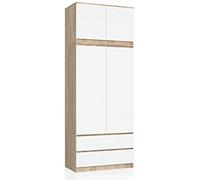 AKORD Armoire de Rangement | Armoir Placard Chambre | L90 x H234 x P51 cm | Etagères Tiroirs Tringle à Vetement | Penderie 2 Portes Garde-Robe | Montage Facile