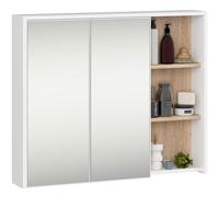 AKORD Armoire de Salle de Bain Miroir VAMI 90 cm - Rangement Mural 2 Portes 6 Étagères - Meuble avec Compartiments Ouverts - Miroir Rangement SDB - 90x75x15 cm - Blanc & Chêne Sonoma