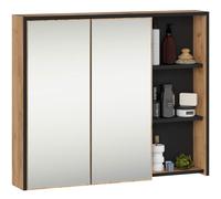 AKORD Armoire de Salle de Bain Miroir VAMI 90 cm - Rangement Mural 2 Portes 6 Étagères - Meuble avec Compartiments Ouverts - Miroir Rangement SDB - 90x75x15 cm - Chêne Craft & Noir