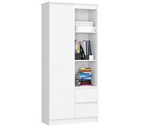 AKORD Bibliothèque de Bureau Rangement CLP | 80 cm 7 Etagères 2 Tiroirs et Portes | Grand Meuble pour Documents Livres de Chambre Minimaliste | Panneau Stratifié 16mm | Couleur Blanche