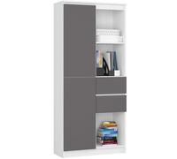 AKORD Bibliothèque R15-80 cm - 2 Portes, 2 Tiroirs, 7 Étagères - Meuble Bibliothèque Rangement Livres - Meuble Polyvalent pour Bureau et Chambre - 80 x 180 x 35 cm - Blanc & Gris Graphite