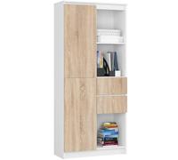 AKORD Bibliothèque R15-80 cm - 2 Portes, 2 Tiroirs, 7 Étagères - Meuble Bibliothèque Rangement Livres - Meuble Polyvalent pour Bureau et Chambre - 80 x 180 x 35 cm - Blanc & Chêne de Sonoma