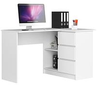 AKORD Bureau d'angle avec 2 étagères et 3 Tiroirs | Table avec Meuble de Rangement intégré et modulable | L124 x H77 x P85 | Fourniture Bureau | Blanc
