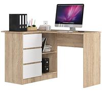 Bureau d'angle Chêne Sonoma 124 cm 3 tiroirs façade Blanche 2 étagères 124x85x77 cm