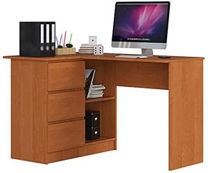 AKORD Bureau d'angle | Table avec Meuble de Rangement intégré et modulable avec 3 tiroirs et 2 étagères | L124 x H77 x P85 | Fourniture Bureaus | Couleur Aulne