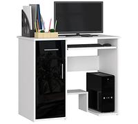 AKORD Bureau PC Jay avec Clavier et étagère PC | Meuble Ordinateur | 1 Tiroir, 1 étagère avec Porte, Repose-Pieds | L90 x H74 x P50 cm | Simple | Informatique | Desk | Blanc/Noir Brillant