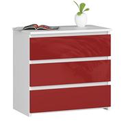 AKORD Commode CL-3 avec 3 tiroirs | Commode Classique pour La Chambre, Salon | Meuble de Rangement | L60 x H57 x P35 cm | Poids 26 kg | Blanc/Rouge Brillant