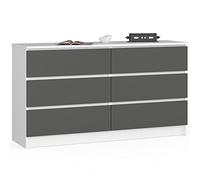 AKORD Commode K-140 avec 6 Tiroirs | Commode Classique pour La Chambre, Salon | Meuble de Rangement | L138 x H77 x P40 cm, Poids 51 kg | Blanc & Gris Graphite Façade