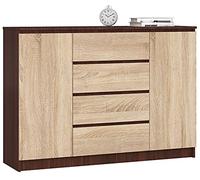 AKORD Commode K 140 cm 4 Tiroirs et 2 Portes pour Le Salon| Chambre | Bureau Salon Design Moderne Fonctionnel Panneau Stratifié | Couleur Wengé/Sonoma
