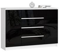 AKORD Commode K 140 cm 4 Tiroirs et 2 Portes pour Le Salon| Chambre | Bureau Salon Design Moderne Fonctionnel Panneau Stratifié | Couleur Noir Brillant