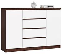 AKORD Commode K 140 cm 4 Tiroirs et 2 Portes pour Le Salon| Chambre | Bureau Salon Design Moderne Fonctionnel Panneau Stratifié | Couleur Wengé/Blanc