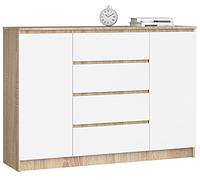 AKORD Commode K 140 cm 4 Tiroirs et 2 Portes pour Le Salon| Chambre | Bureau Salon Design Moderne Fonctionnel Panneau Stratifié | Couleur Sonoma/Biala