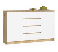 AKORD Commode K 160 cm - 4 tiroirs et 2 portes - Pour salon, chambre à coucher, armoire, salon - Design moderne et fonctionnel - Panneau stratifié de 16 mm - Couleur : chêne Artisan - Blanc