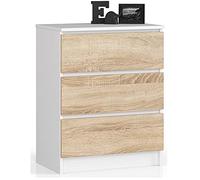 AKORD Commode K60 avec 3 tiroirs | Commode Classique pour La Chambre, Salon | Meuble de Rangement | L60 x H77 x P40 cm | Poids 25 kg | Blanc/Chêne Sonoma