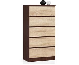 AKORD Commode K60 avec 5 tiroirs | Commode Classique pour La Chambre, Salon | Meuble de Rangement | L60 x H121 x P40 cm | Poids 39 kg | Wengé - Chêne Sonoma