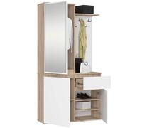 AKORD Ensemble de Vestiaire d'Entrée avec Miroir - 95 cm, 3 Portes, 1 Tiroir, 7 Étagères - Meuble d'Entrée - Optimum pour Petits Espaces - Couloir ou Entrée Étroit - Chêne-Sonoma & Blanc