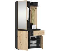 AKORD Ensemble de Vestiaire d'Entrée avec Miroir - 95 cm, 3 Portes, 1 Tiroir, 7 Étagères - Meuble d'Entrée - Optimum pour Petits Espaces - Couloir ou Entrée Étroit - Noir & Chêne-Artisanalal