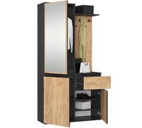 AKORD Ensemble de Vestiaire d'Entrée avec Miroir - 95 cm, 3 Portes, 1 Tiroir, 7 Étagères - Meuble d'Entrée - Optimum pour Petits Espaces - Couloir ou Entrée Étroit - Noir & Chêne-Craft