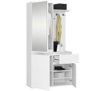 AKORD Ensemble de Vestiaire d'Entrée avec Miroir - 95 cm, 3 Portes, 1 Tiroir, 7 Étagères - Meuble d'Entrée - Optimum pour Petits Espaces - Couloir ou Entrée Étroit - Blanc