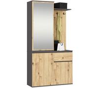 AKORD Ensemble de Vestiaire d'Entrée avec Miroir - 95 cm, 3 Portes, 1 Tiroir, 7 Étagères - Meuble d'Entrée - Optimum pour Petits Espaces - Couloir ou Entrée Étroit - Gris-Graphite & Chêne-Artisanalal