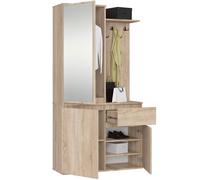 AKORD Ensemble de Vestiaire d'Entrée avec Miroir - 95 cm, 3 Portes, 1 Tiroir, 7 Étagères - Meuble d'Entrée - Optimum pour Petits Espaces - Couloir ou Entrée Étroit - Chêne-Sonoma