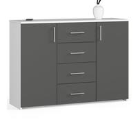 AKORD K45 Commode 110 cm avec 2 portes et 4 tiroirs, pour le salon, la chambre à coucher, 110 x 80 x 35 cm (l x H x P), poids 48,00 kg, blanc/gris graphite
