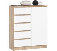 AKORD Kommode K-100 avec 1 Portes et 5 Tiroirs | pour Le Salon Chambre à Coucher | Moderne | Plateau Laminé 16mm | 80 x 35 x 97 cm | Blanc & Chêne Sonoma
