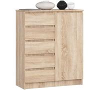 AKORD Kommode K-100 avec 1 Portes et 5 Tiroirs | pour Le Salon Chambre à Coucher | Moderne | Plateau Laminé 16mm | 80 x 35 x 97 cm | Chêne Sonoma & Chêne Sonoma