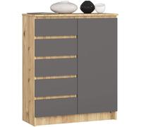 AKORD Kommode K-100 avec 1 Portes et 5 Tiroirs | pour Le Salon Chambre à Coucher | Moderne | Plateau Laminé 16mm | 80 x 35 x 97 cm | Gris Graphite & Chêne Artisanal