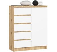 AKORD Kommode K-100 avec 1 Portes et 5 Tiroirs | pour Le Salon Chambre à Coucher | Moderne | Plateau Laminé 16mm | 80 x 35 x 97 cm | Blanc & Chêne Artisanal