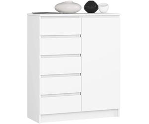 AKORD Kommode K-100 avec 1 Portes et 5 Tiroirs | pour Le Salon Chambre à Coucher | Moderne | Plateau Laminé 16mm | 80 x 35 x 97 cm | Blanc & Blanc