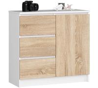 AKORD Kommode K-80 Jerry avec 3 Tiroirs | Armoire avec 2 étagères et 1 Porte | pour Le Salon Chambre à Coucher | Moderne | Plateau Laminé 16mm | 80x77x35 cm | Blanc + Façade Chêne Sonoma