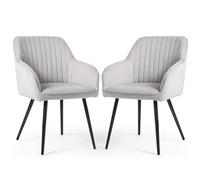 AKORD Lot de 2 Chaises en Velours à Surpiqûres Salle à Manger Florence, Rembourrées avec Accoudoirs, Pieds en Métal Noirs, 58 x 54,5 x 82 cm, Gris