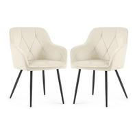 AKORD Lot de 2 Chaises en Velours de Salle à Manger Diamante, Rembourrées avec Accoudoirs, Pieds en Métal Noirs, 58 x 54,5 x 82,5 cm, Crème
