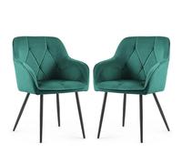 AKORD Lot de 2 Chaises en Velours de Salle à Manger Diamante, Rembourrées avec Accoudoirs, Pieds en Métal Noirs, 58 x 54,5 x 82,5 cm, Vert Bouteille