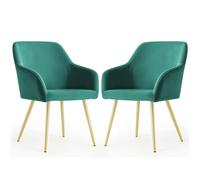 AKORD Lot de 2 Chaises en Velours Lissede Salle à Manger Estelle, Rembourrées avec Accoudoirs, Pieds en Métal Dorés, 58 x 54,5 x 83 cm, Vert Bouteille