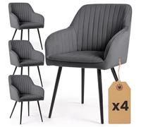 AKORD Lot de 4 Chaises en Velours à Surpiqûres Salle à Manger Florence, Rembourrées avec Accoudoirs, Pieds en Métal Noirs, 58 x 54,5 x 82 cm, Anthracite