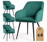 AKORD Lot de 4 Chaises en Velours à Surpiqûres Salle à Manger Florence, Rembourrées avec Accoudoirs, Pieds en Métal Noirs, 58 x 54,5 x 82 cm, Vert Bouteille