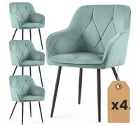 AKORD Lot de 4 Chaises en Velours de Salle à Manger Diamante, Rembourrées avec Accoudoirs, Pieds en Métal Noirs, 58 x 54,5 x 82,5 cm, Turquoise
