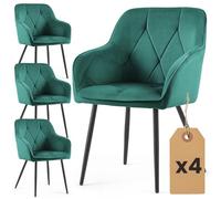 AKORD Lot de 4 Chaises en Velours de Salle à Manger Diamante, Rembourrées avec Accoudoirs, Pieds en Métal Noirs, 58 x 54,5 x 82,5 cm, Vert Bouteille