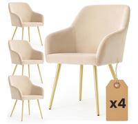 AKORD Lot de 4 Chaises en Velours Lissede Salle à Manger Estelle, Rembourrées avec Accoudoirs, Pieds en Métal Dorés, 58 x 54,5 x 83 cm, Beige