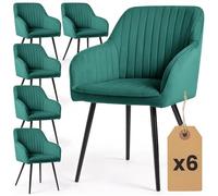 AKORD Lot de 6 Chaises en Velours à Surpiqûres Salle à Manger Florence, Rembourrées avec Accoudoirs, Pieds en Métal Noirs, 58 x 54,5 x 82 cm, Vert Bouteille