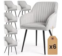 AKORD Lot de 6 Chaises en Velours à Surpiqûres Salle à Manger Florence, Rembourrées avec Accoudoirs, Pieds en Métal Noirs, 58 x 54,5 x 82 cm, Gris