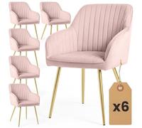 AKORD Lot de 6 Chaises en Velours à Surpiqûres Salle à Manger Florence, Rembourrées avec Accoudoirs, Pieds en Métal Dorés, 58 x 54,5 x 82 cm, Rose Poudré
