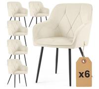AKORD Lot de 6 Chaises en Velours de Salle à Manger Diamante, Rembourrées avec Accoudoirs, Pieds en Métal Noirs, 58 x 54,5 x 82,5 cm, Crème